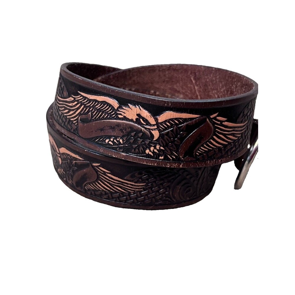 Vtg Style Tooled Buckle Belt Western Eagle Cowboy 44 Brown Leather Y2K Rodeo